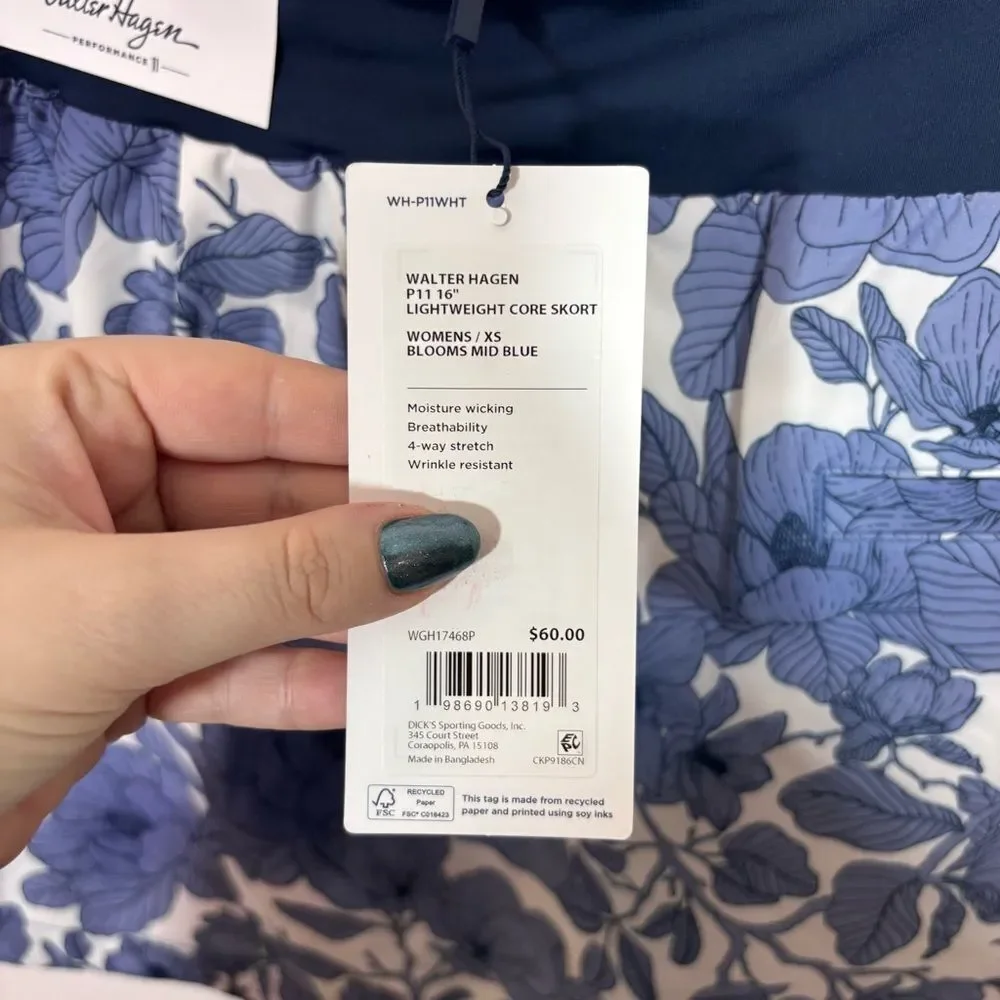 Walter Hagen Performance 11 Lightweight Golf Skort 16” NWT XS Blooms Mid Blue